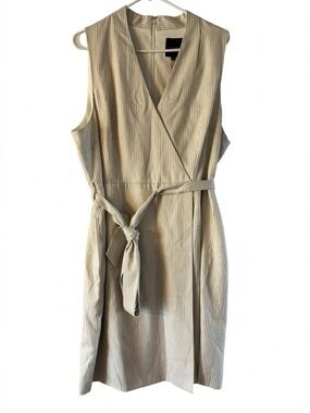 Alex Marie Beige Pinstripe Sleeveless Wrap Dress